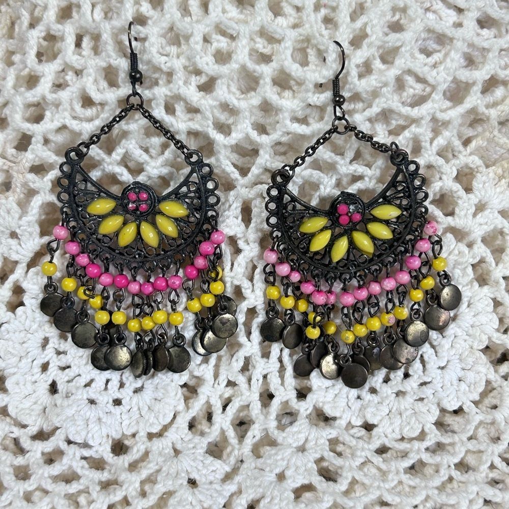 Dangle Hook Chandelier Earrings Boho Filigree Bead Pink Yellow Black Drop